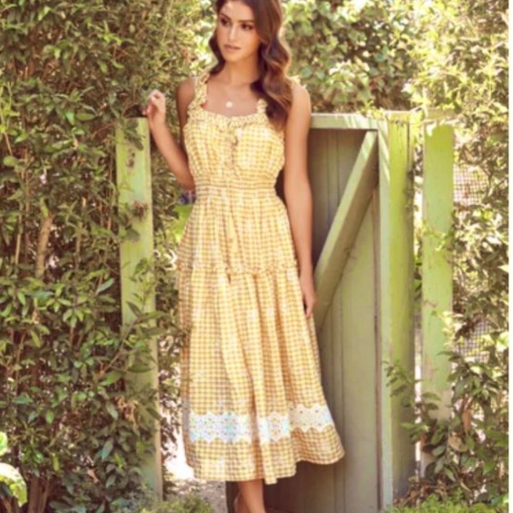 Gingham Coquette Maxi Dress Women SM VICI Yellow Eyelet Cottage Picnic Romantic